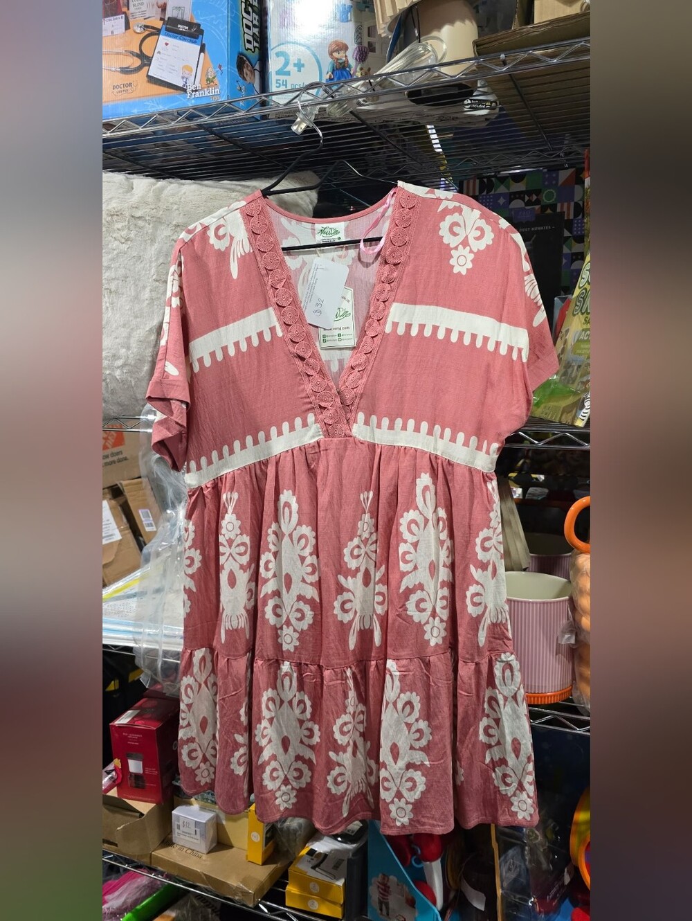 New Large Dusty Rose & White Floral V-Neck Dress Boho